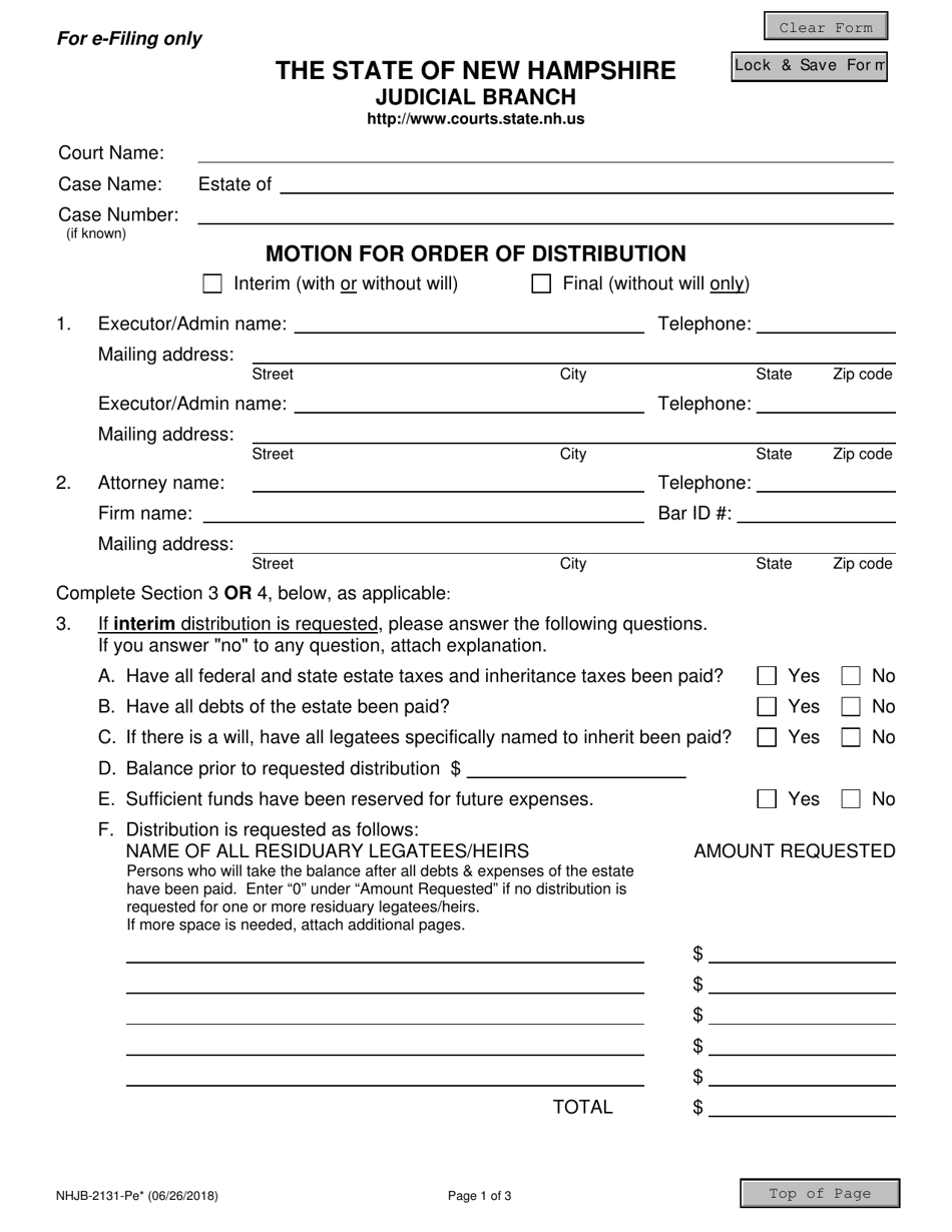 Form NHJB-2131-PE Motion for Order of Distribution - New Hampshire, Page 1