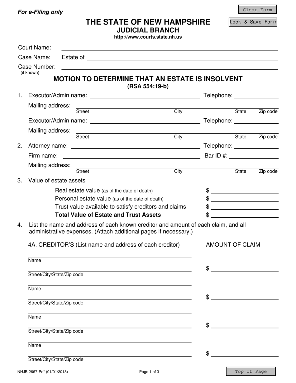 Form NHJB-2667-PE Motion to Determine That an Estate Is Insolvent - New Hampshire, Page 1