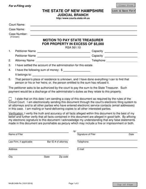 Form NHJB-2499-PE Motion to Pay State Treasurer for Property in Excess of $5,000 - New Hampshire
