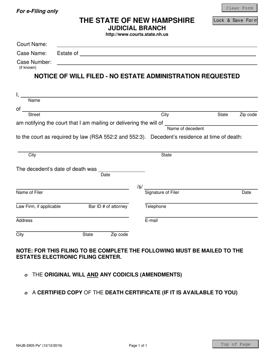 Form NHJB-2905-PE Notice of Will Filed - No Estate Administration Requested - New Hampshire, Page 1
