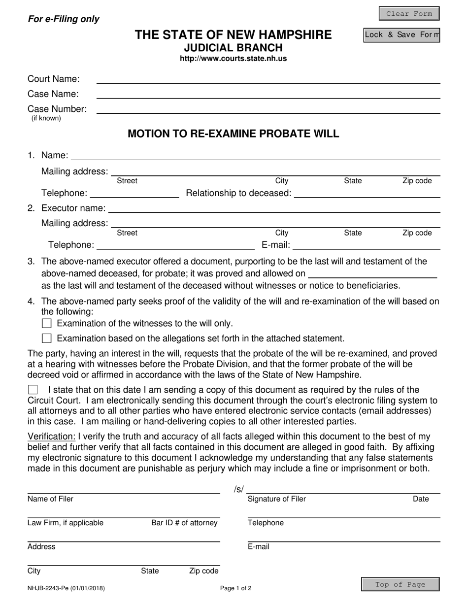 Form NHJB-2243-PE Motion to Re-examine Probate Will - New Hampshire, Page 1
