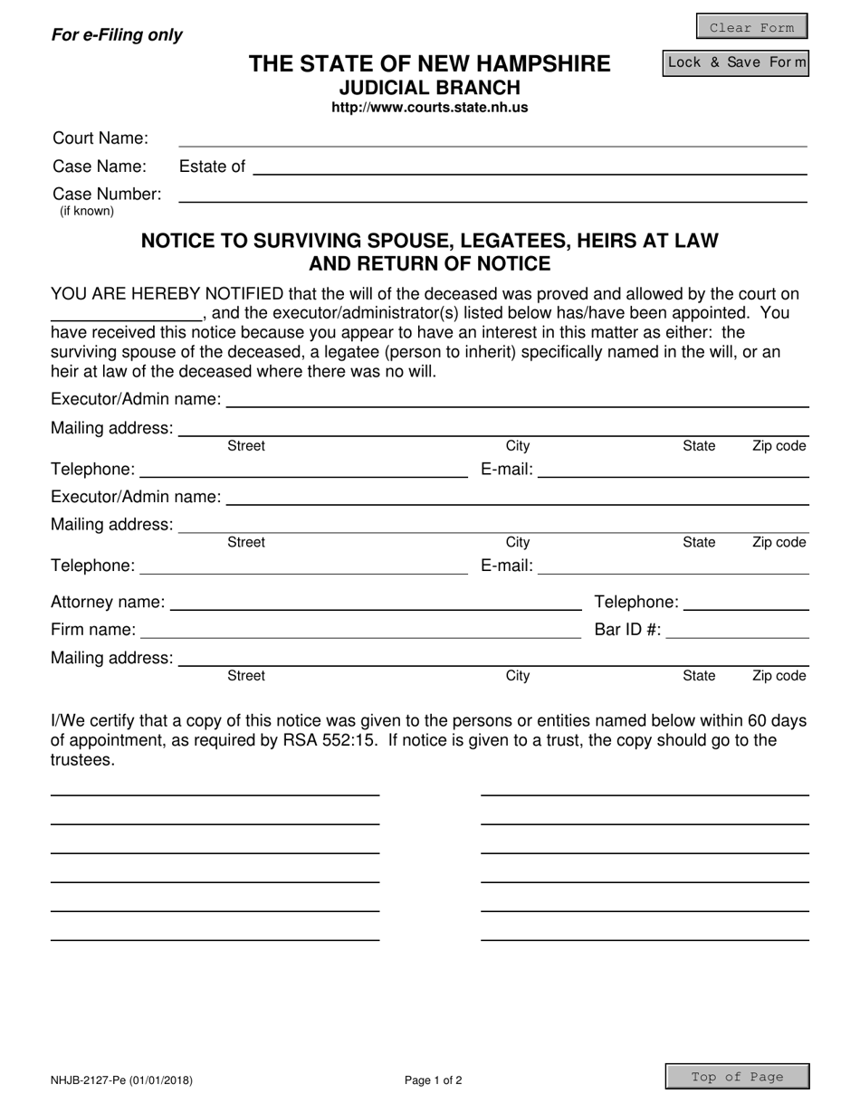 Form NHJB-2127-PE Notice to Surviving Spouse, Legatees, Heirs at Law and Return of Notice - New Hampshire, Page 1