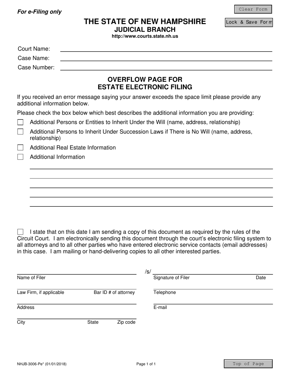 Form NHJB-3006-PE Overflow Page for Estate Electronic Filing - New Hampshire, Page 1