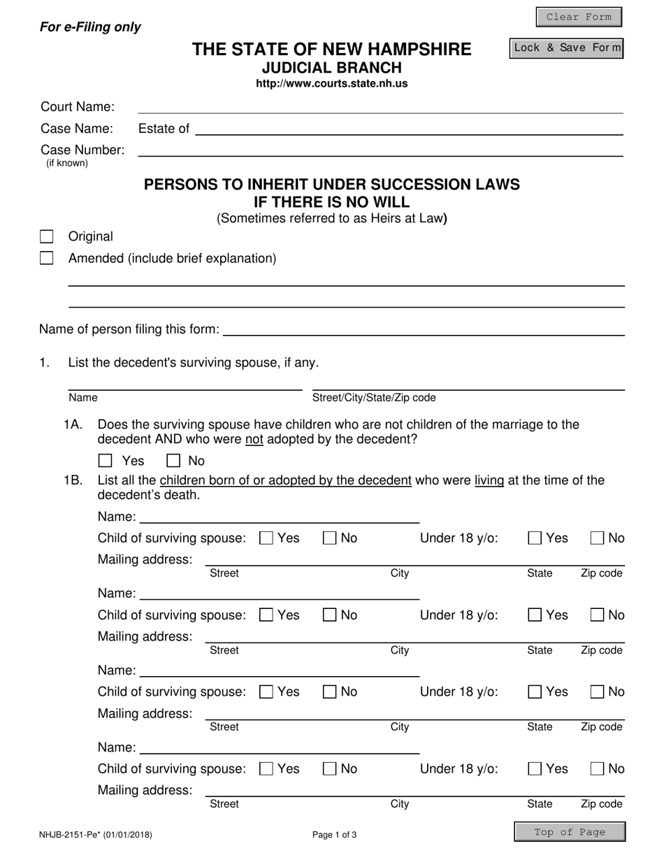 Form NHJB-2151-PE Persons to Inherit Under Succession Laws if There Is No Will - New Hampshire, Page 1