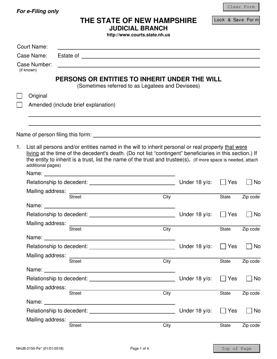 Form NHJB-2150-PE Persons or Entities to Inherit Under the Will - New Hampshire, Page 1