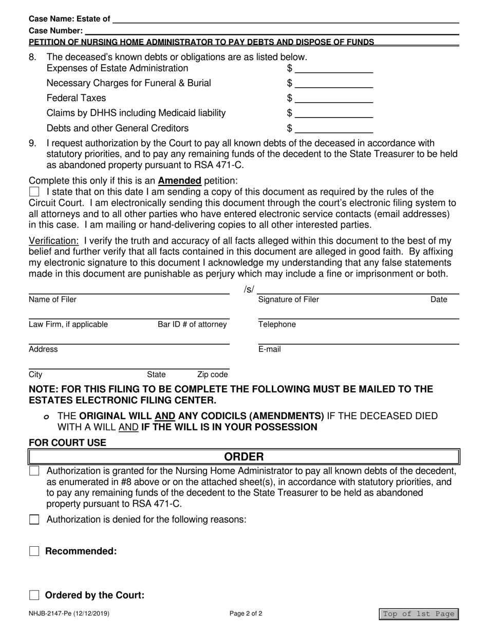 Form NHJB-2147-PE Petition of Nursing Home Administrator to Pay Debts and Dispose of Funds - New Hampshire, Page 2