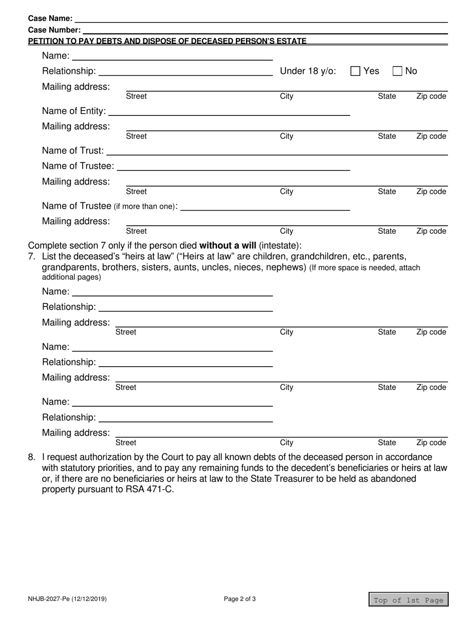 Form NHJB-2027-PE Petition of Guardian to Pay Debts and Dispose of Deceased Persons Estate - New Hampshire, Page 2