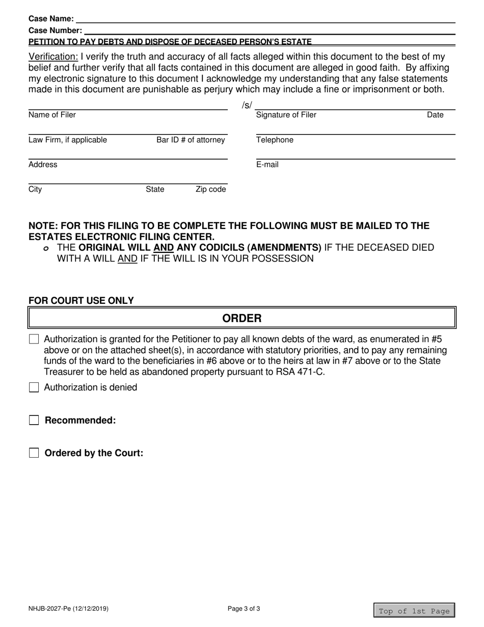 Form NHJB-2027-PE Petition of Guardian to Pay Debts and Dispose of Deceased Persons Estate - New Hampshire, Page 3