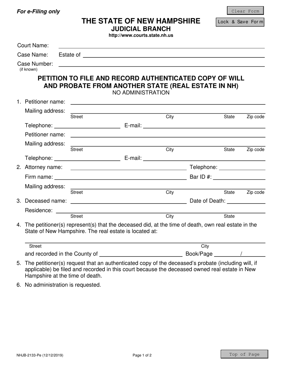 Form NHJB-2133-PE Petition to File and Record Authenticated Copy of Will and Probate From Another State (Real Estate in Nh) - New Hampshire, Page 1