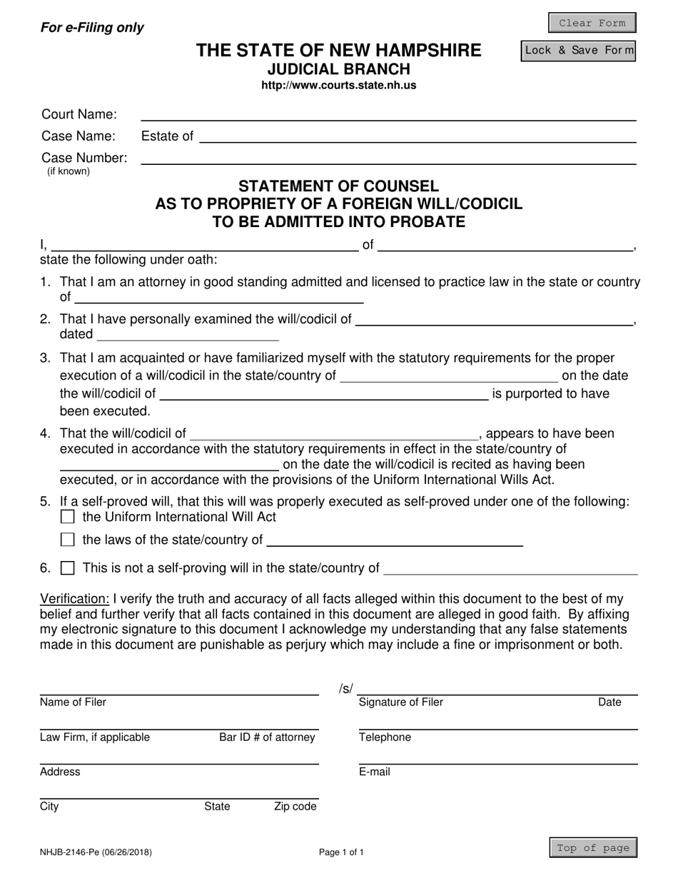 Form NHJB-2146-PE Statement of Counsel as to Propriety of a Foreign Will / Codicil to Be Admitted Into Probate - New Hampshire, Page 1