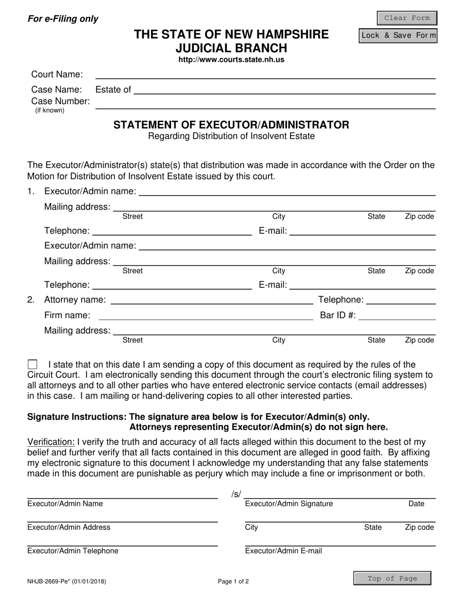 Form NHJB-2669-PE Statement of Executor / Administrator - New Hampshire, Page 1