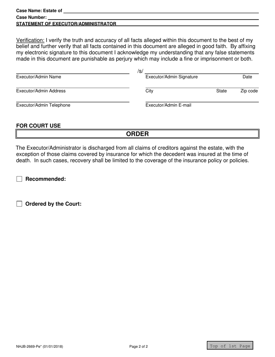 Form NHJB-2669-PE Statement of Executor / Administrator - New Hampshire, Page 2