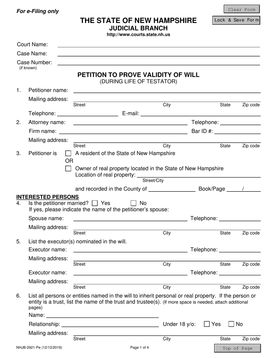 Form NHJB-2921-PE Petition to Prove Validity of Will - New Hampshire, Page 1