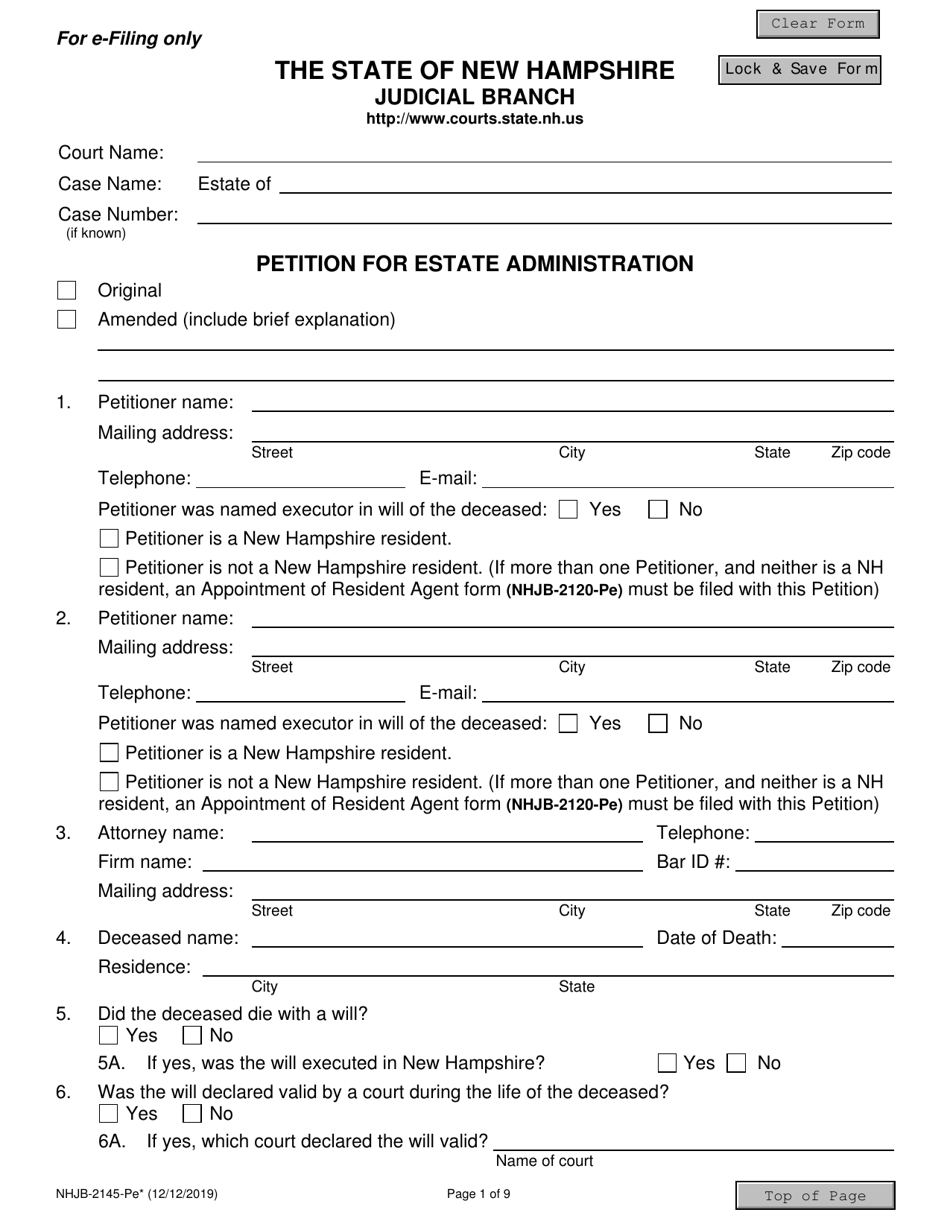 Form NHJB-2145-PE Petition for Estate Administration - New Hampshire, Page 1
