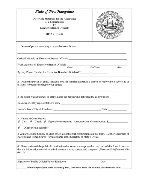 Disclosure Statement for the Acceptance of a Contribution by Executive Branch Officials - New Hampshire Download Pdf