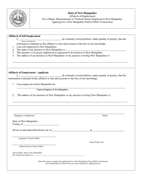 Affidavit of Employment for a Maine, Massachusetts or Vermont Notary Employed in New Hampshire Applying for a New Hampshire Notary Public Commission - New Hampshire Download Pdf