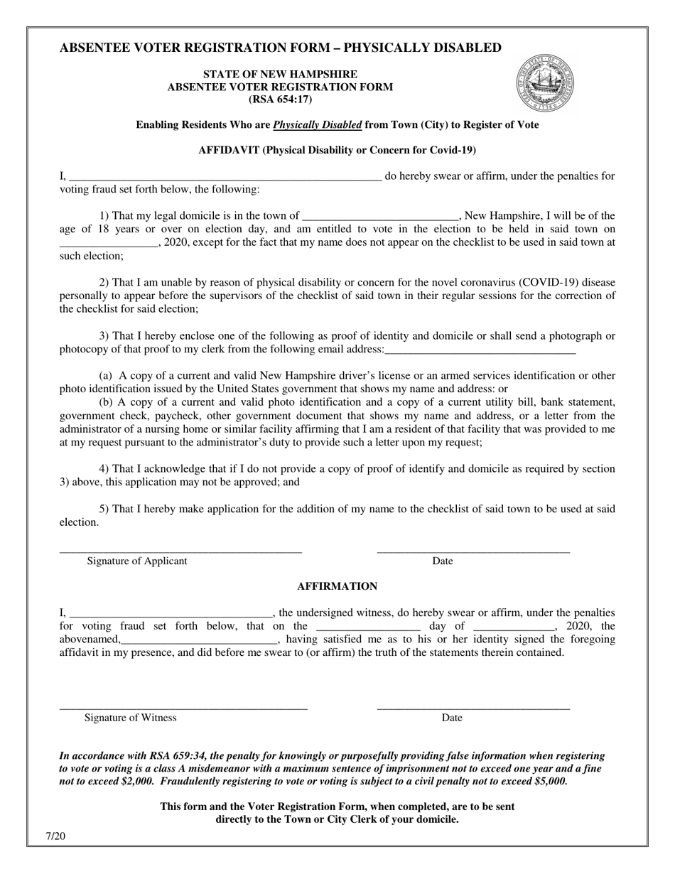 Absentee Voter Registration Form - Physically Disabled - New Hampshire, Page 1