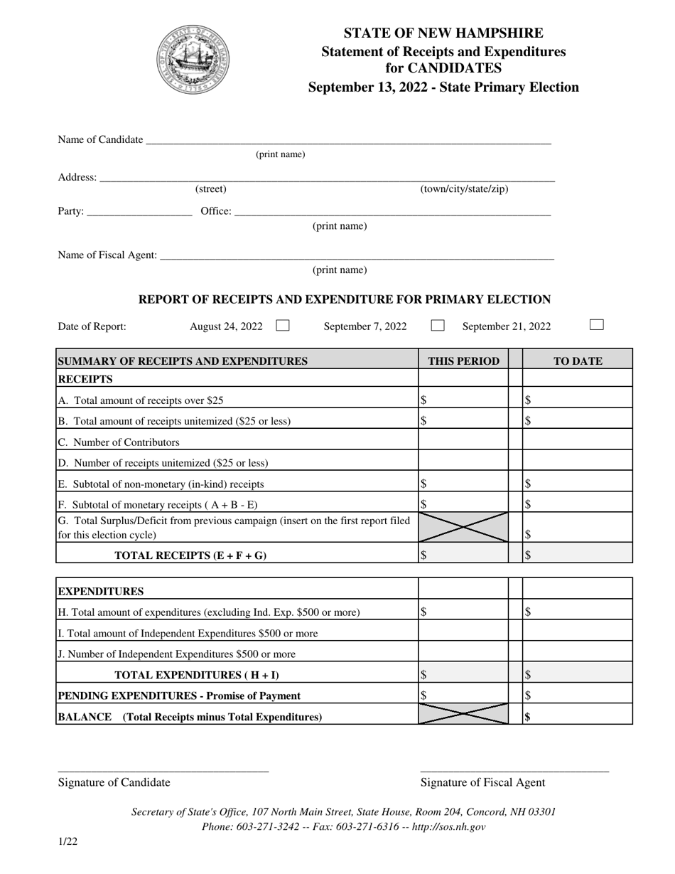 Receipt  Expenditure Report - Primary Election - Candidates - New Hampshire, Page 1