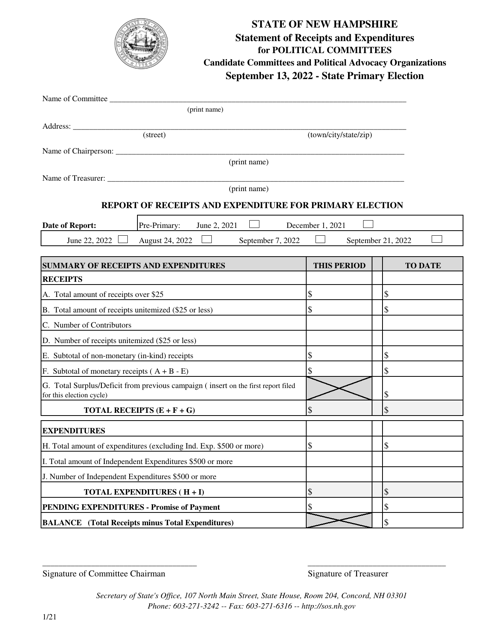 Statement of Receipts and Expenditures for Political Committees - State Primary Election - New Hampshire Download Pdf