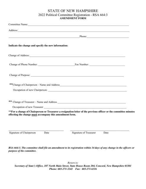 Political Committee Registration Amendment Form - New Hampshire Download Pdf