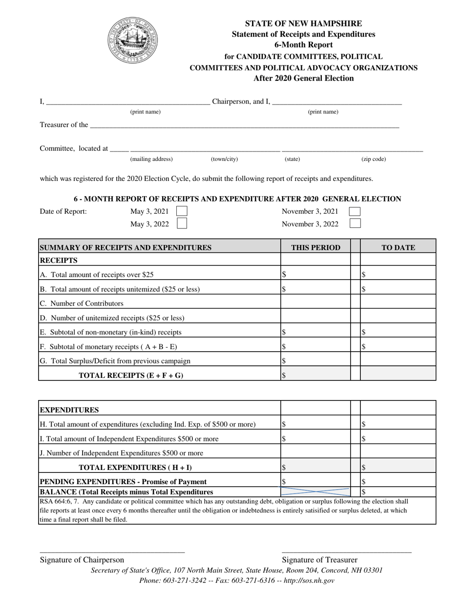 6-month Report for Candidate Committees, Political Committees and Political Advocacy Organizations After 2020 General Election - New Hampshire, Page 1