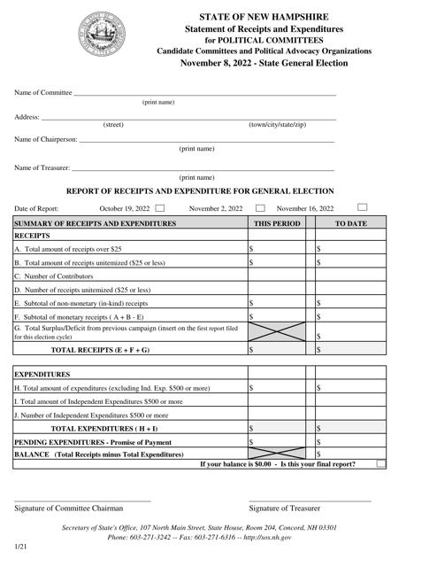 Statement of Receipts and Expenditures for Political Committees - State General Election - New Hampshire, 2022
