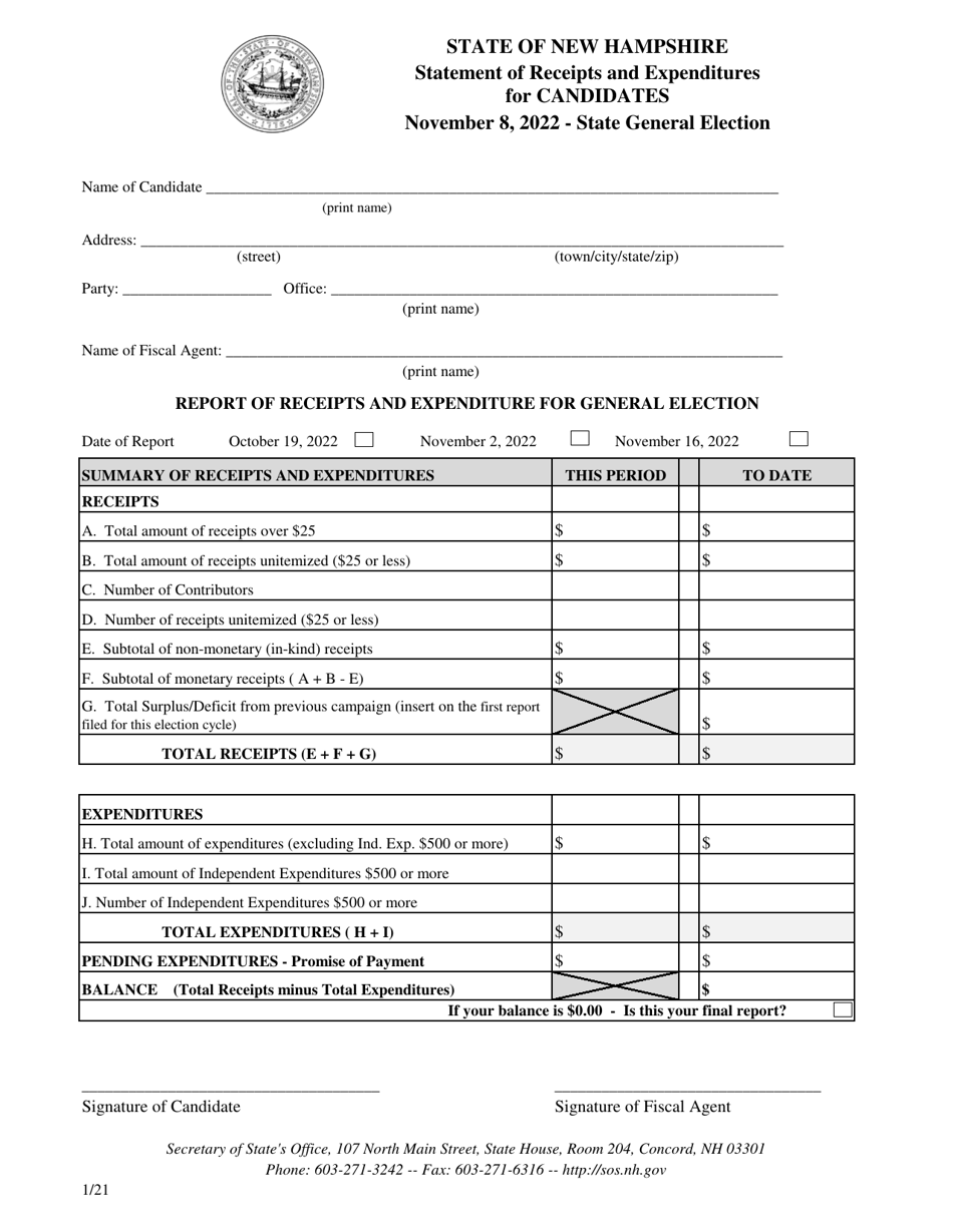 Statement of Receipts and Expenditures for Candidates - State General Election - New Hampshire, Page 1