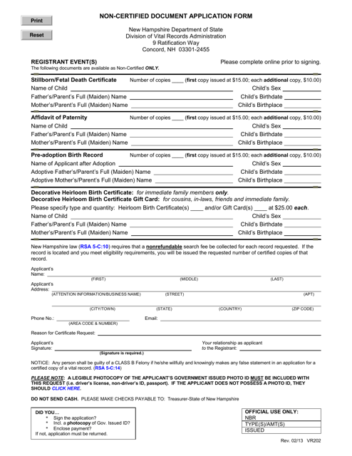 Form VR202 Non-certified Document Application Form - New Hampshire