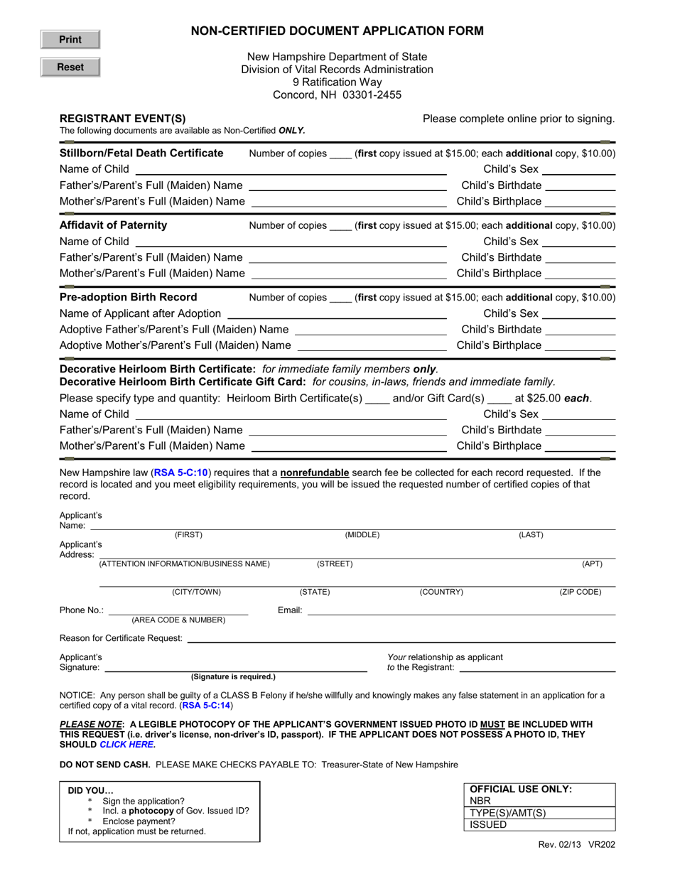Form VR202 Non-certified Document Application Form - New Hampshire, Page 1