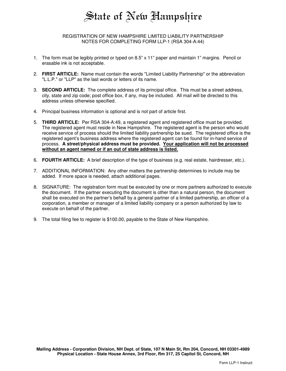 Form LLP-1 Registration of New Hampshire Limited Liability Partnership - New Hampshire, Page 1