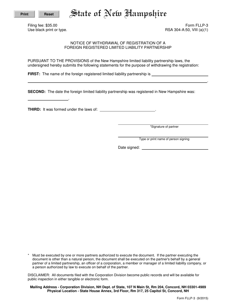 Form FLLP-3 Notice of Withdrawal of Registration of a Foreign Registered Limited Liability Partnership - New Hampshire, Page 1