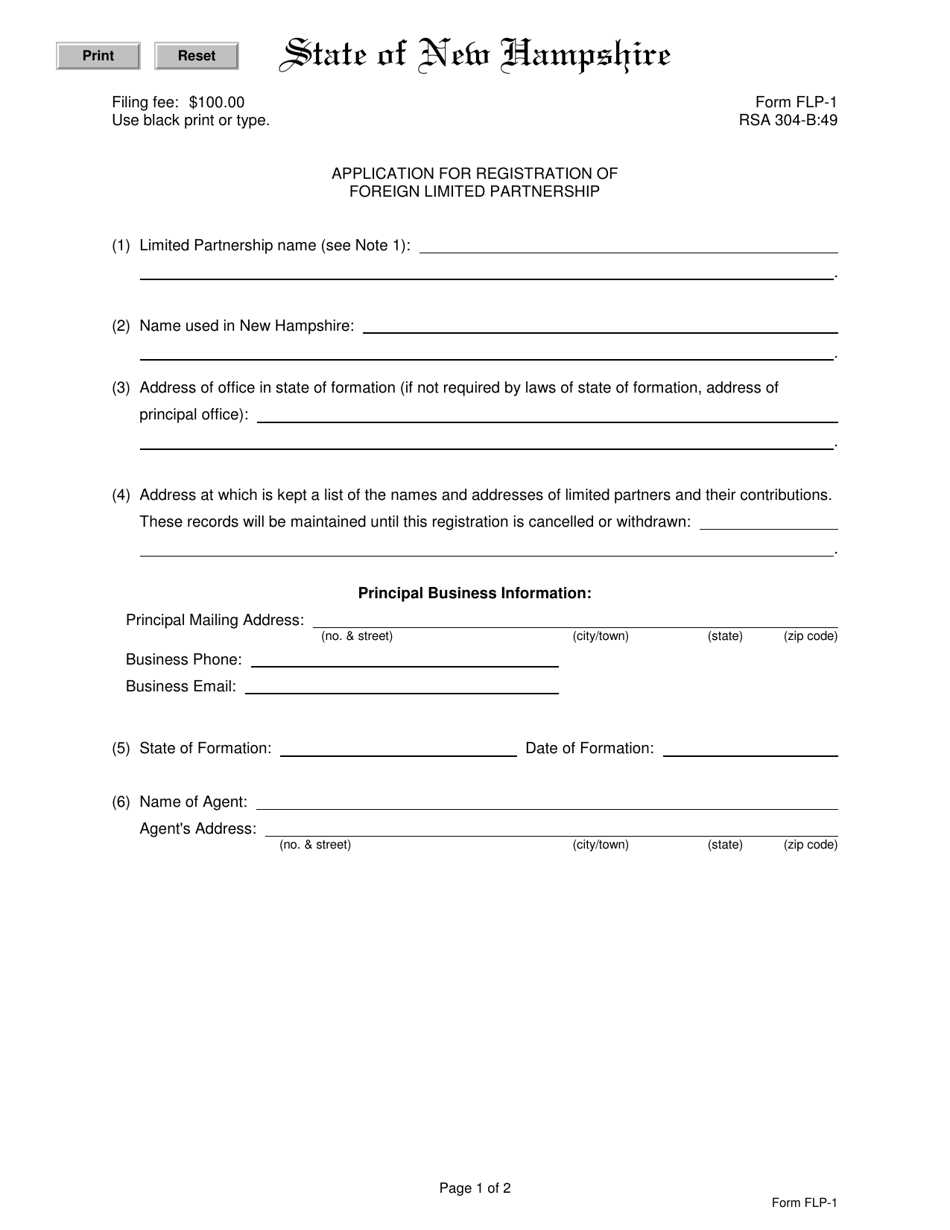Form FLP-1 Application for Registration of Foreign Limited Partnership - New Hampshire, Page 1