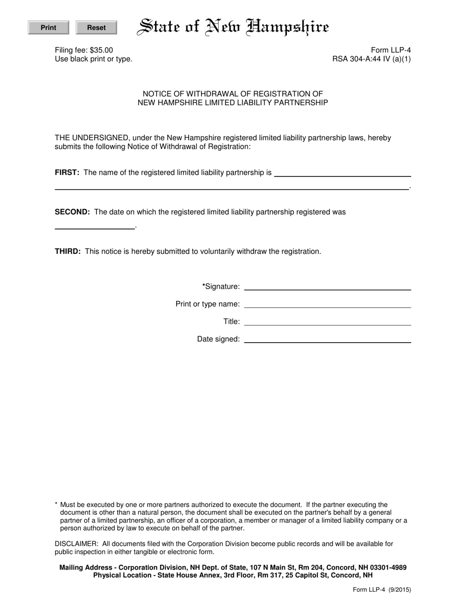 Form LLP-4 Notice of Withdrawal of Registration of New Hampshire Limited Liability Partnership - New Hampshire, Page 1