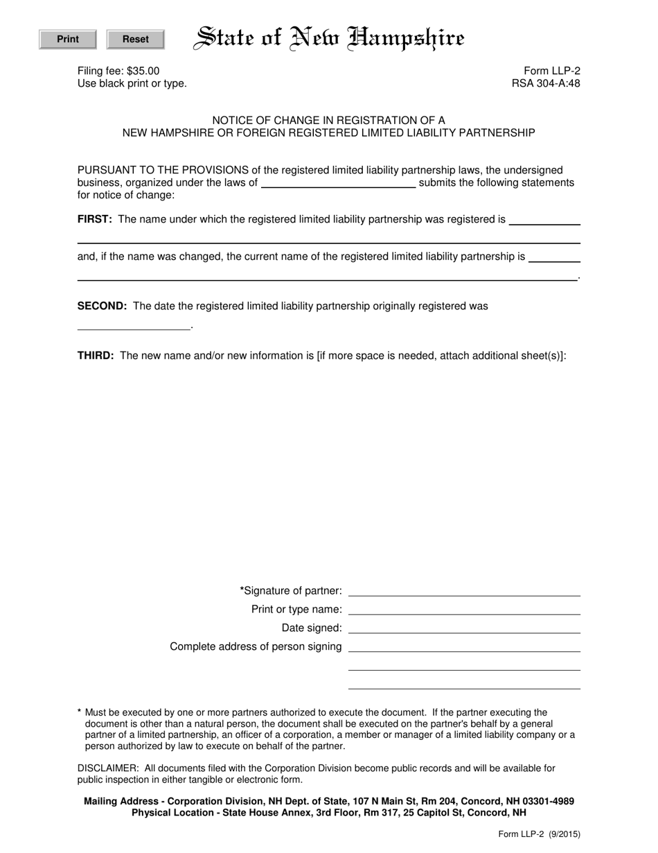 Form LLP-2 Notice of Change in Registration of a New Hampshire or Foreign Registered Limited Liability Partnership - New Hampshire, Page 1