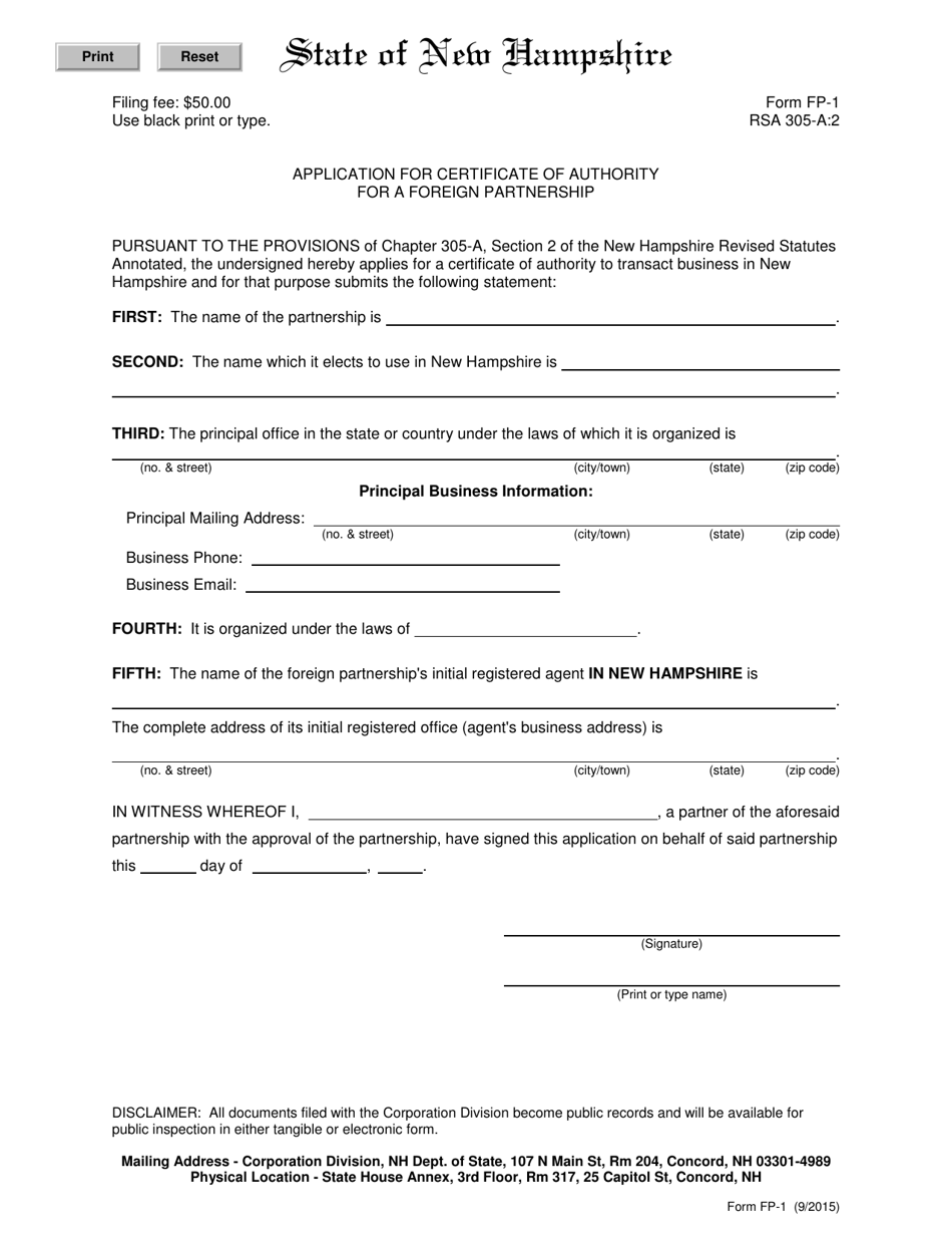 Form FP-1 Application for Certificate of Authority for a Foreign Partnership - New Hampshire, Page 1