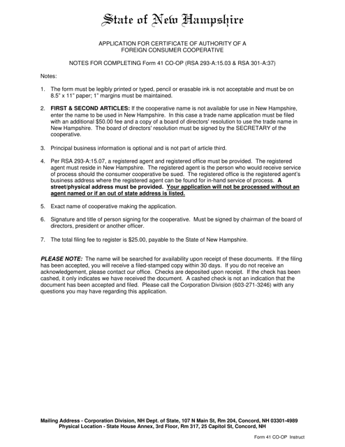 Form 41 CO-OP Application for Certificate of Authority of a Foreign Consumer Cooperative - New Hampshire