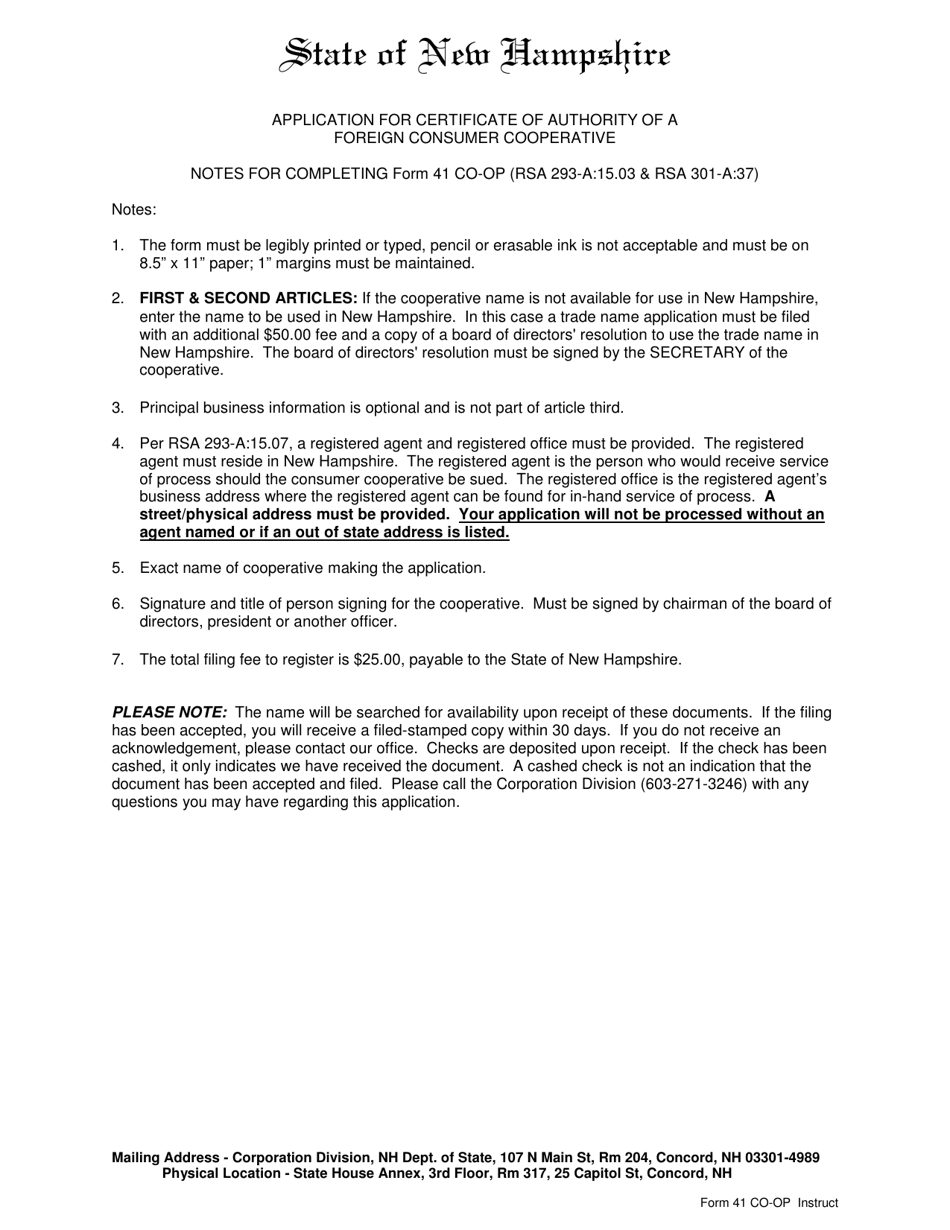 Form 41 CO-OP Application for Certificate of Authority of a Foreign Consumer Cooperative - New Hampshire, Page 1
