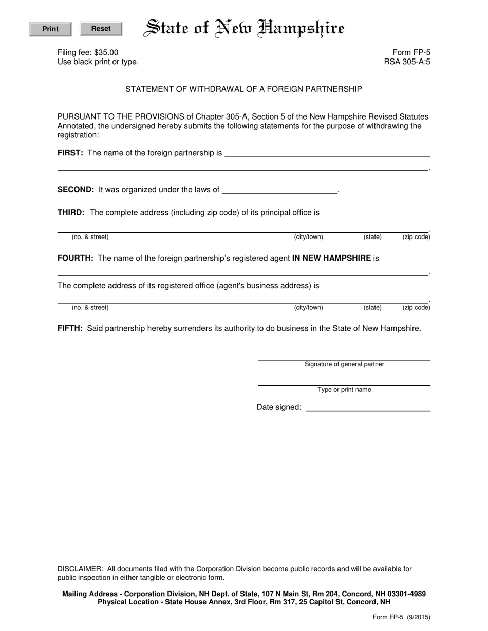 Form FP-5 Statement of Withdrawal of a Foreign Partnership - New Hampshire, Page 1