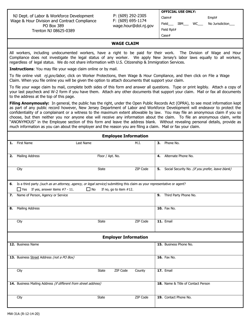 Form MW-31A Wage Claim - New Jersey, Page 1