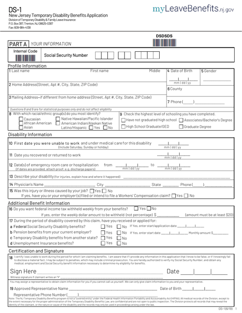 Form DS-1 New Jersey Temporary Disability Benefits Application - New Jersey