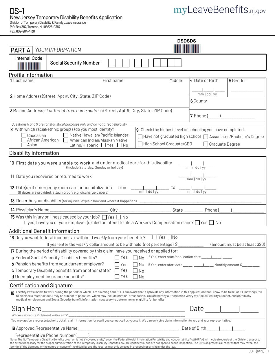 Form DS-1 New Jersey Temporary Disability Benefits Application - New Jersey, Page 1