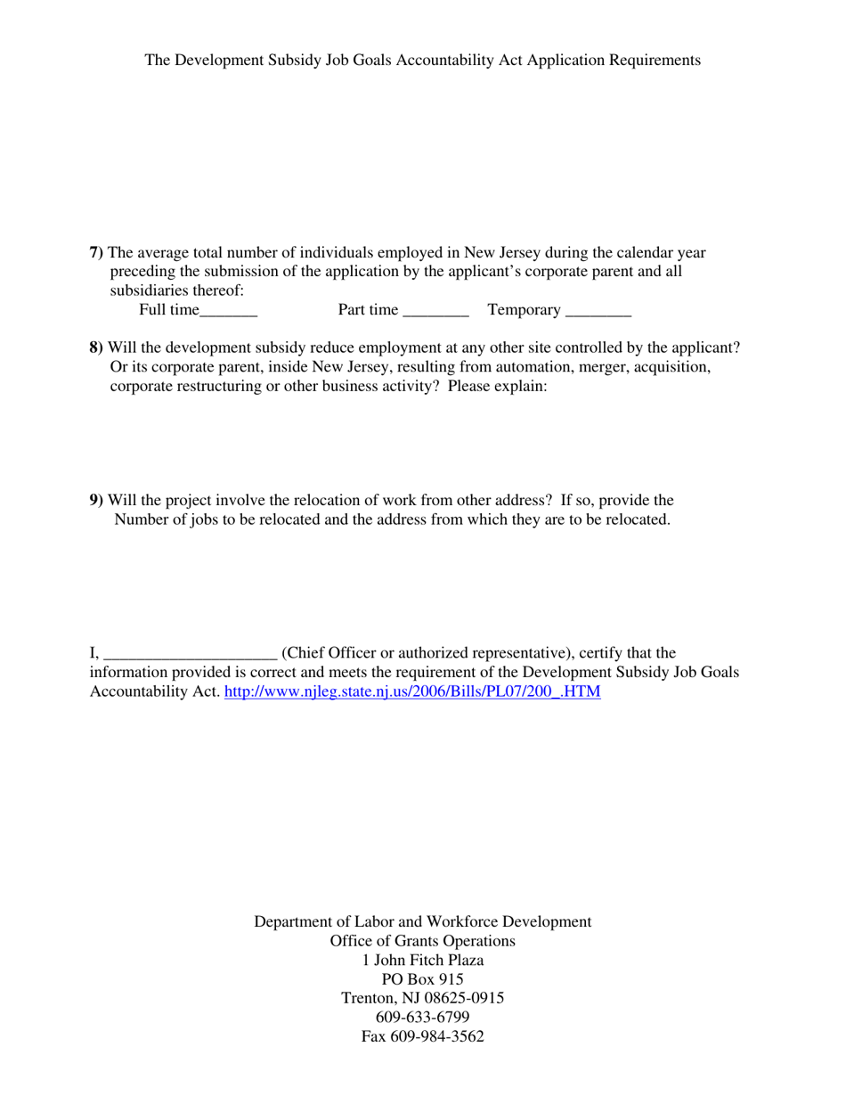 The Development Subsidy Job Goals Accountability Act Application Requirements - New Jersey, Page 2