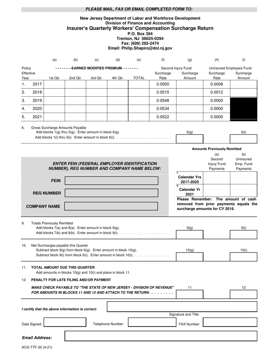 Form ACG-TTF-20 Insurers Quarterly Workers Compensation Surcharge Return - New Jersey, Page 1
