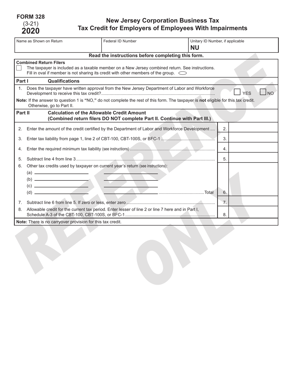 Form 328 Tax Credit for Employers of Employees With Impairments - New Jersey, Page 1