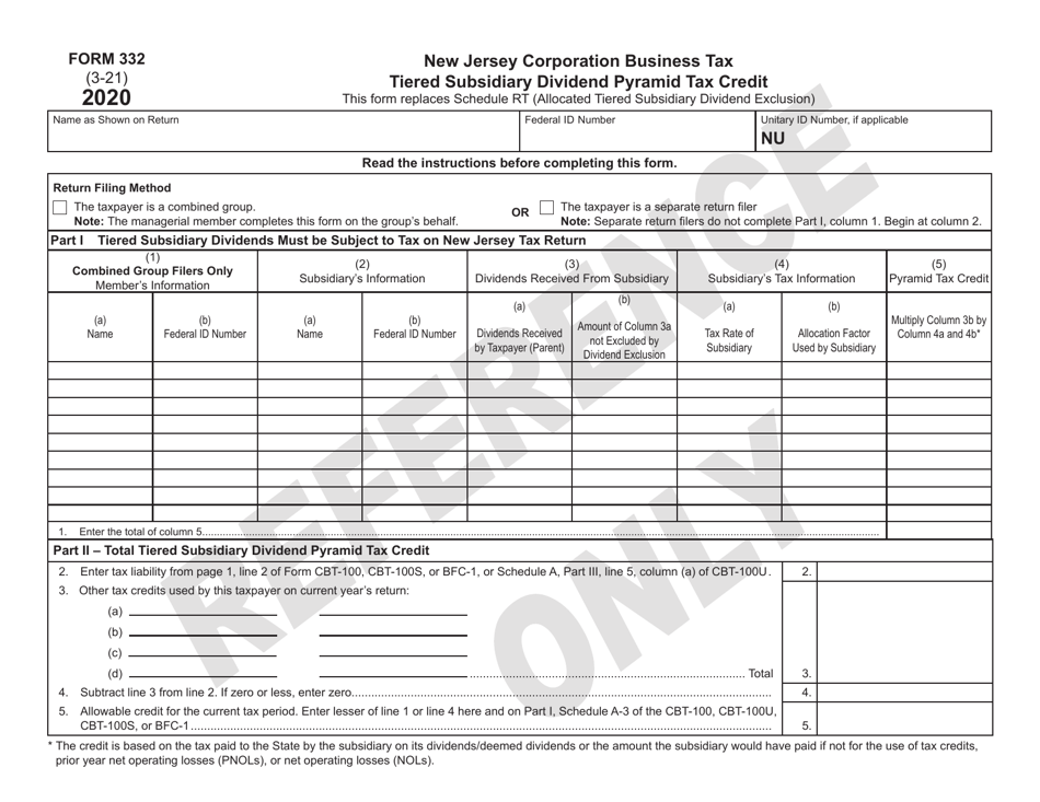 Form 332 Tiered Subsidiary Dividend Pyramid Tax Credit - New Jersey, Page 1