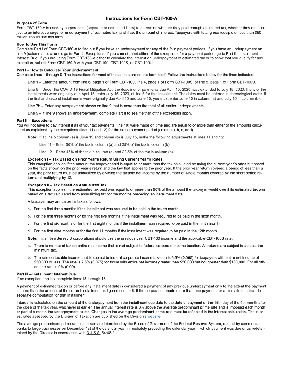 Form CBT-160-A Underpayment of Estimated N.j. Corporation Business Tax for Taxpayers With Gross Receipts of Less Than $50 Million - New Jersey, Page 2