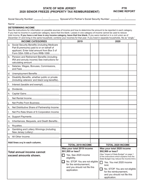 Form PTR-I Property Tax Reimbursement Income Report - New Jersey, 2020