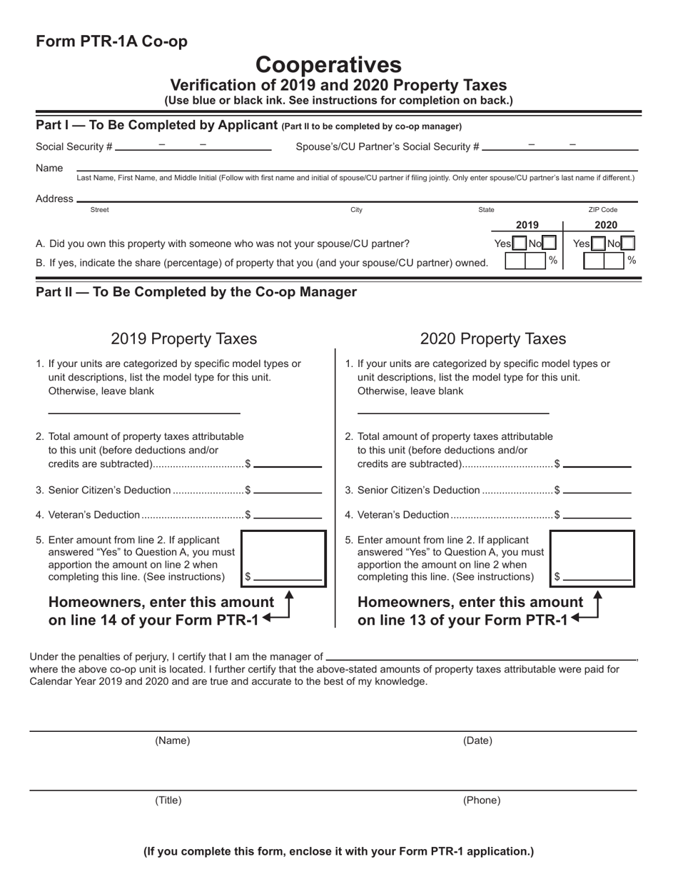 Form PTR-1A CO-OP Cooperatives Verification of 2019 and 2020 Property Taxes - New Jersey, Page 1