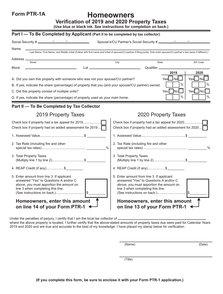 Form PTR-1A Homeowners Verification of 2019 and 2020 Property Taxes - New Jersey, Page 1