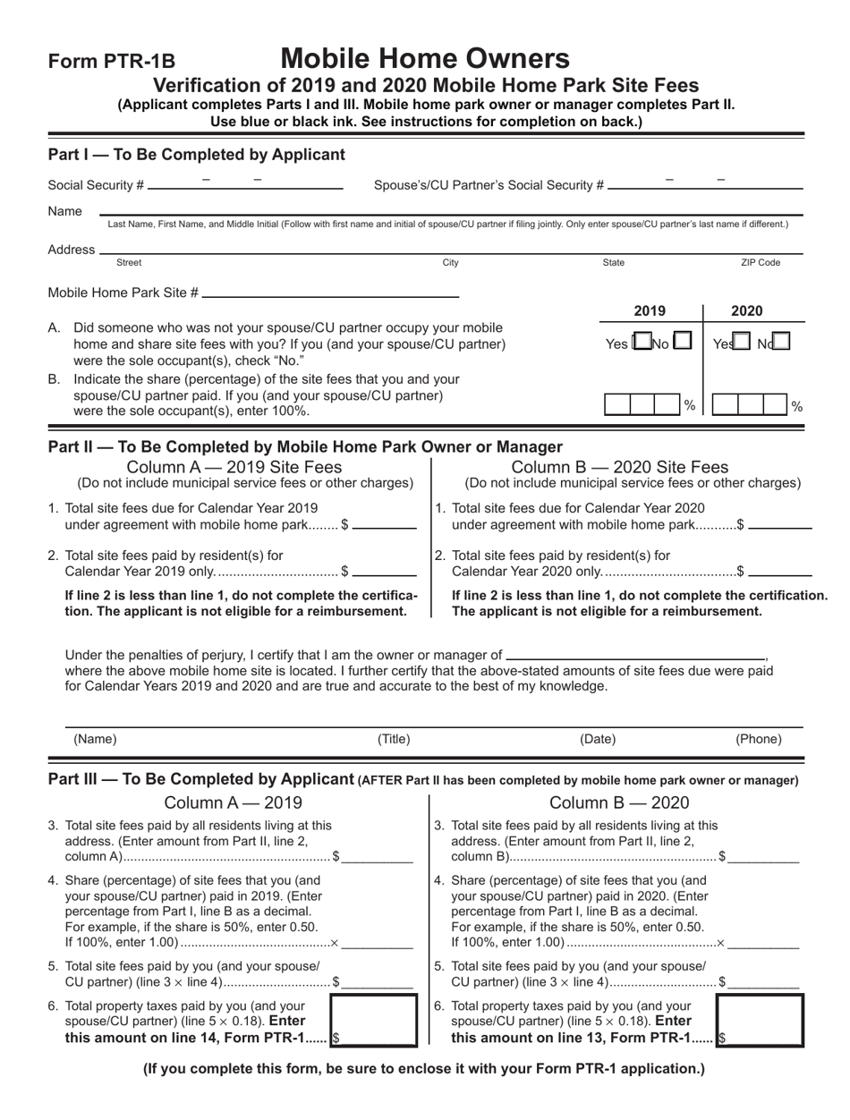 Form PTR-1B Mobile Home Owners Verification of 2019 and 2020 Mobile Home Park Site Fees - New Jersey, Page 1